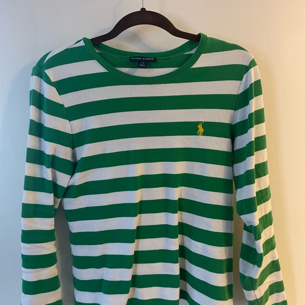 Ralph Lauren Green and White Striped Long Sleeve Tee